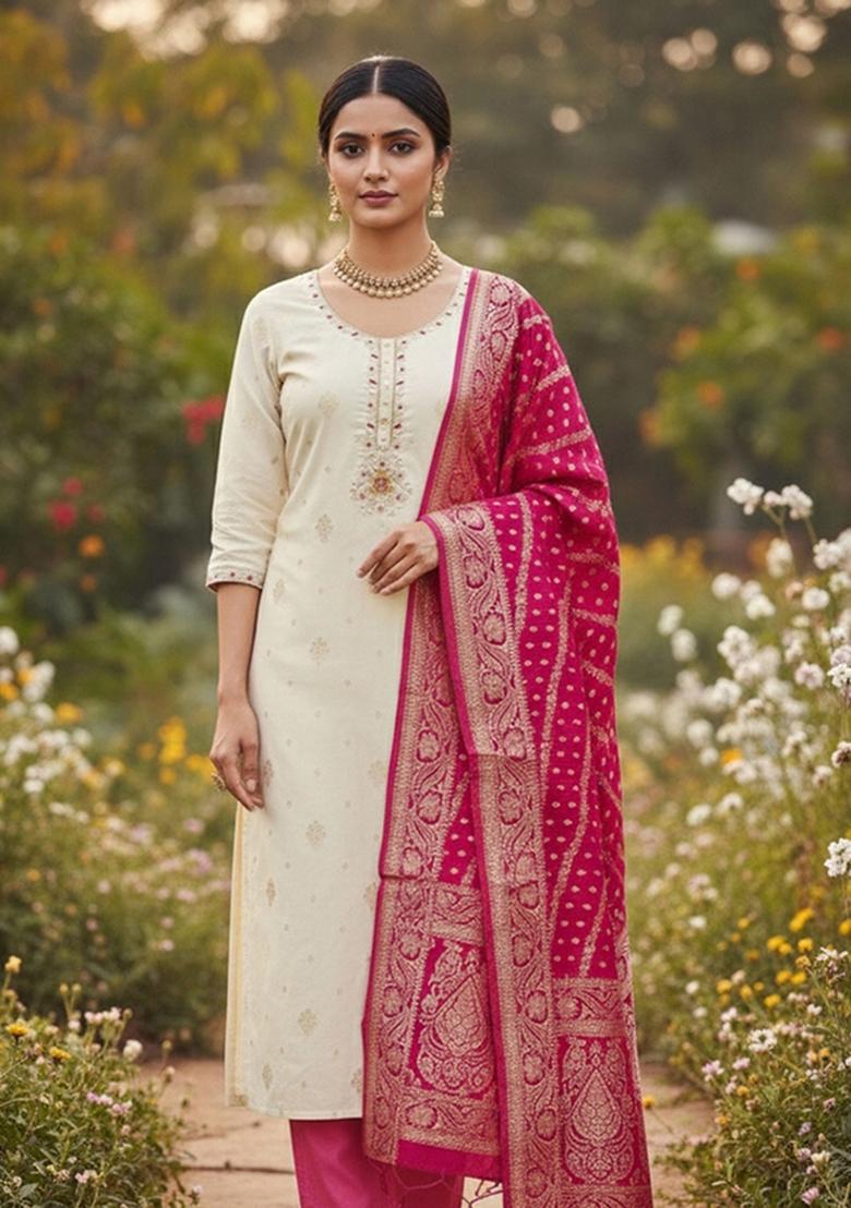 White Embroidered Cotton Blend Dress Material - Indya