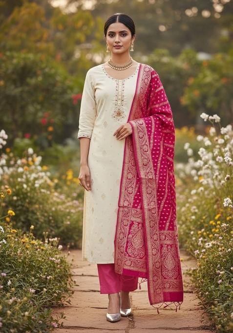 White Embroidered Cotton Blend Dress Material