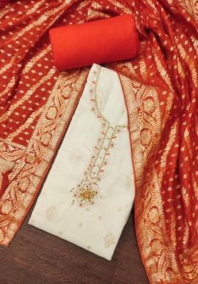 White Embroidered Cotton Blend Dress Material