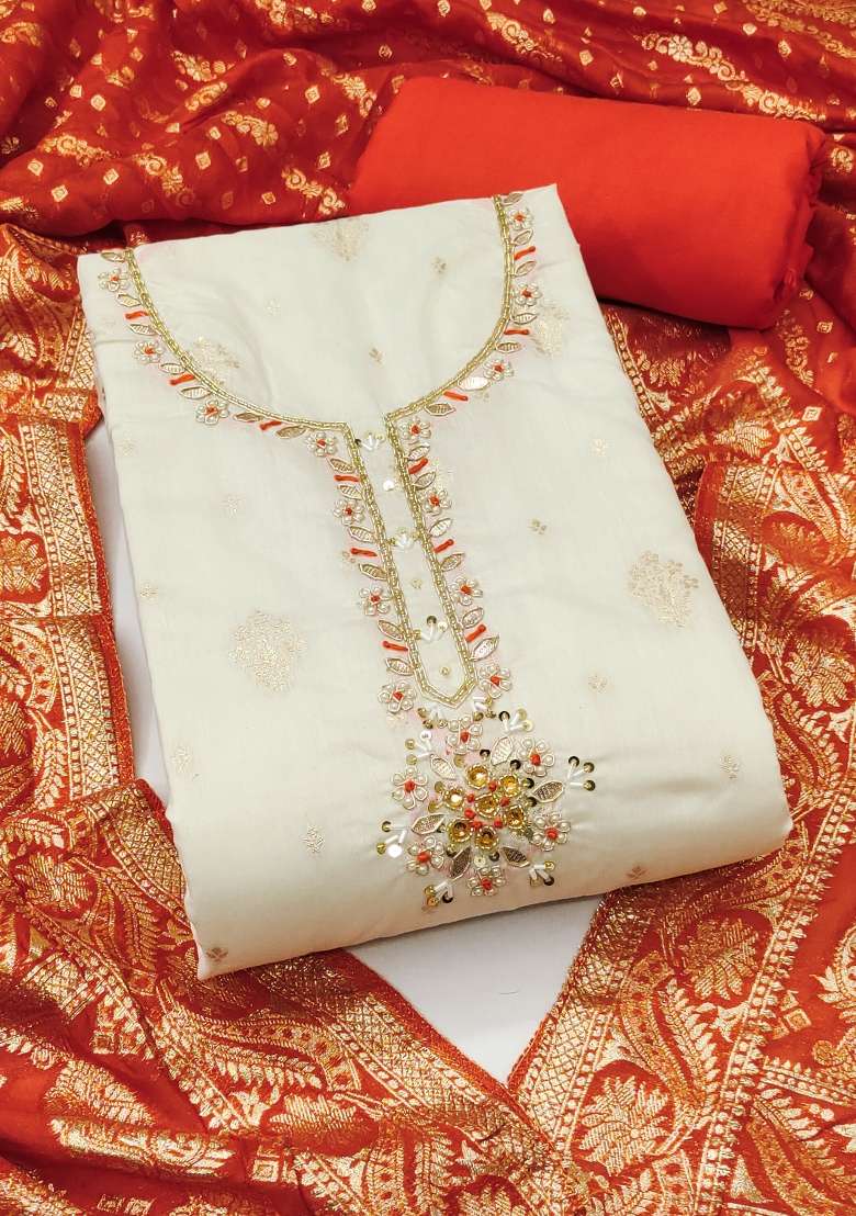 White Embellished Blended Straight Kurta Set - Indya