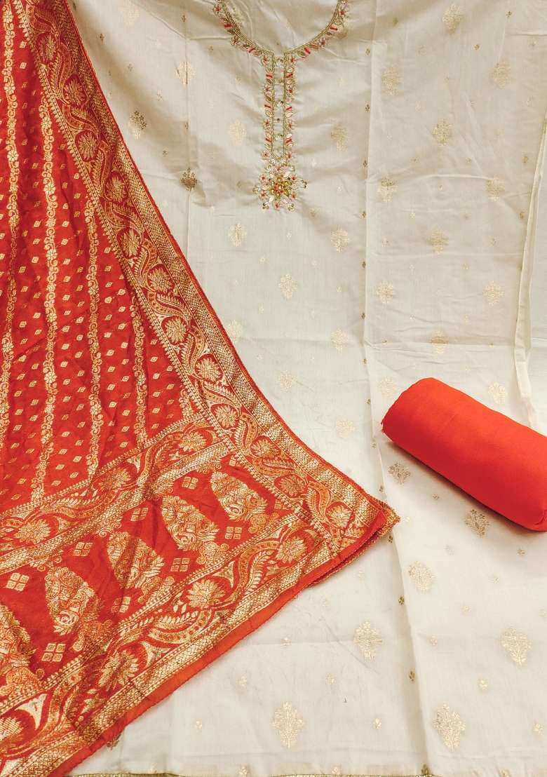 White Embellished Blended Straight Kurta Set - Indya
