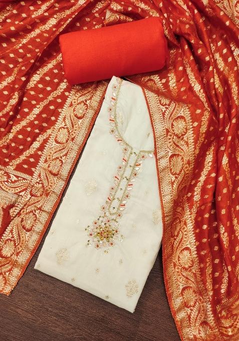 White Embroidered Cotton Blend Dress Material