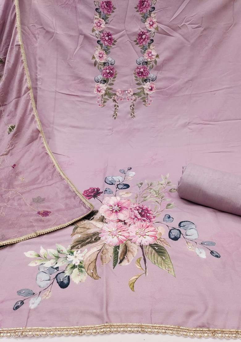 Lavender Floral Print Blended Straight Kurta Set - Indya