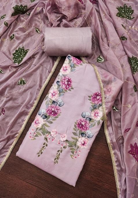Lavender Floral Print Blended Straight Kurta Set