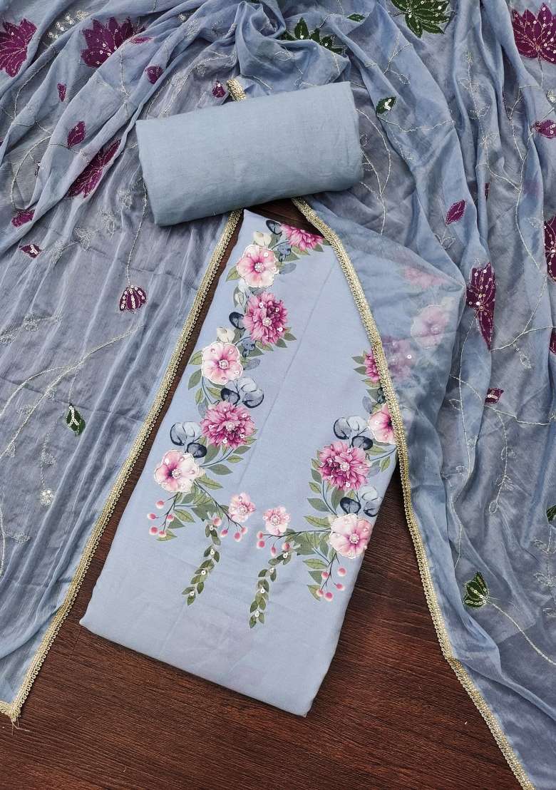 Pastel Blue Floral Print Cotton Straight Kurta Set - Indya