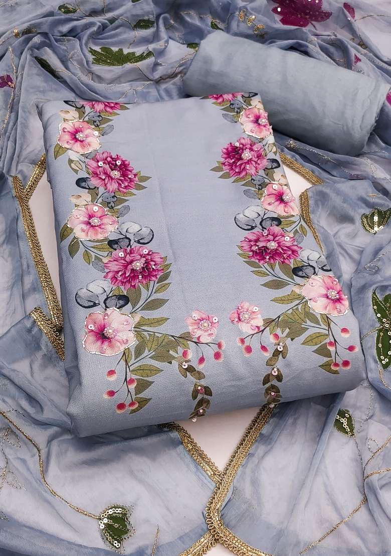Pastel Blue Floral Print Cotton Straight Kurta Set - Indya