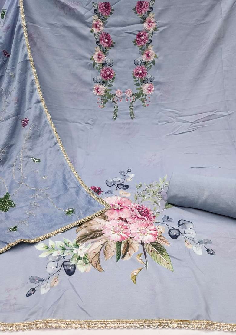 Pastel Blue Floral Print Cotton Straight Kurta Set - Indya