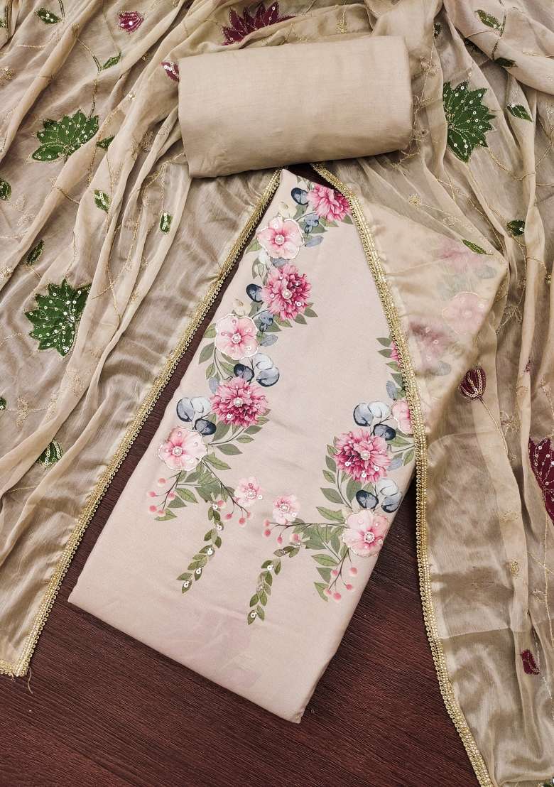 Beige Floral Print Blended Straight Kurta Set - Indya