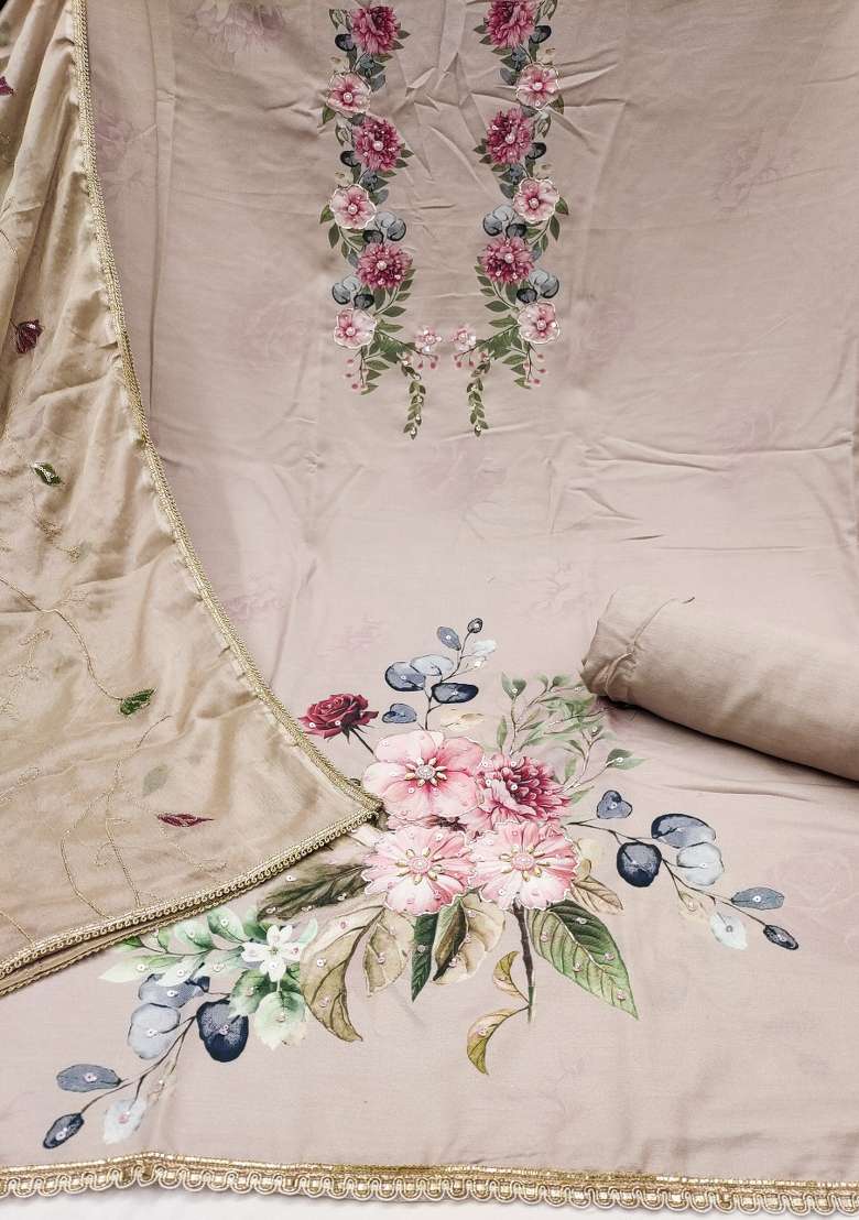 Beige Floral Print Blended Straight Kurta Set - Indya