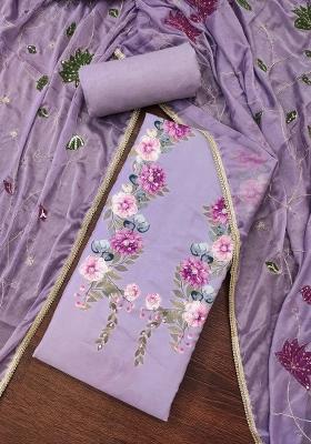 Purple Embroidered Cotton Blend Dress Material