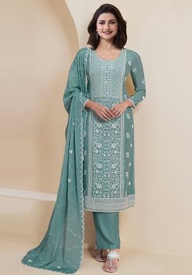 Light Teal Embroidered Silk Salwar Kameez With Dupatta