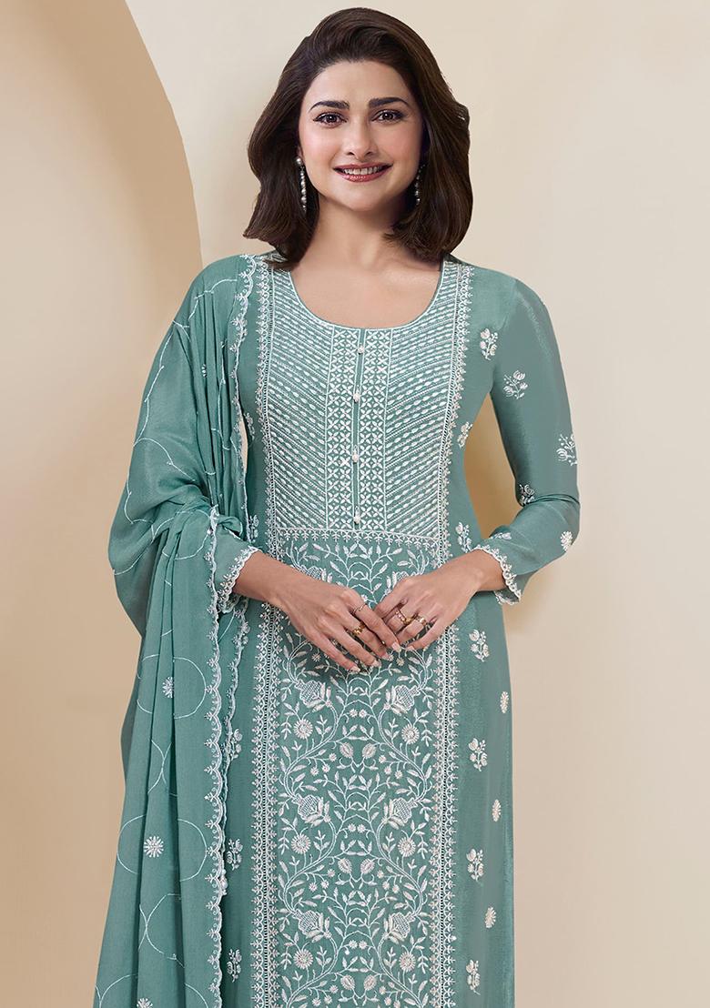 Light Teal Embroidered Silk Salwar Kameez With Dupatta - Indya