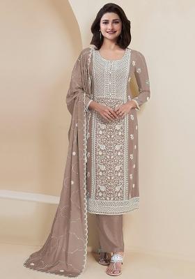 Light Brown Embroidered Silk Salwar Kameez With Dupatta