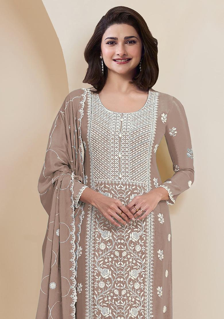 Light Brown Embroidered Silk Salwar Kameez With Dupatta - Indya