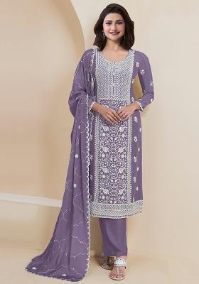Lavender Embroidered Silk Salwar Kameez With Dupatta