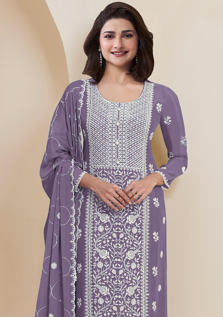 Lavender Embroidered Silk Salwar Kameez With Dupatta - Indya