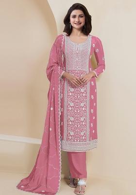 Peach Embroidered Silk Salwar Kameez With Dupatta