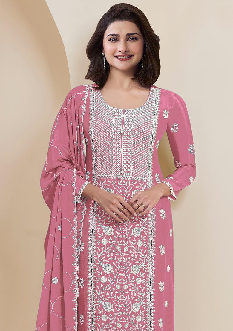 Peach Embroidered Silk Salwar Kameez With Dupatta - Indya