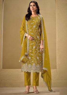 Mustard Embroidered Silk Salwar Kameez With Dupatta