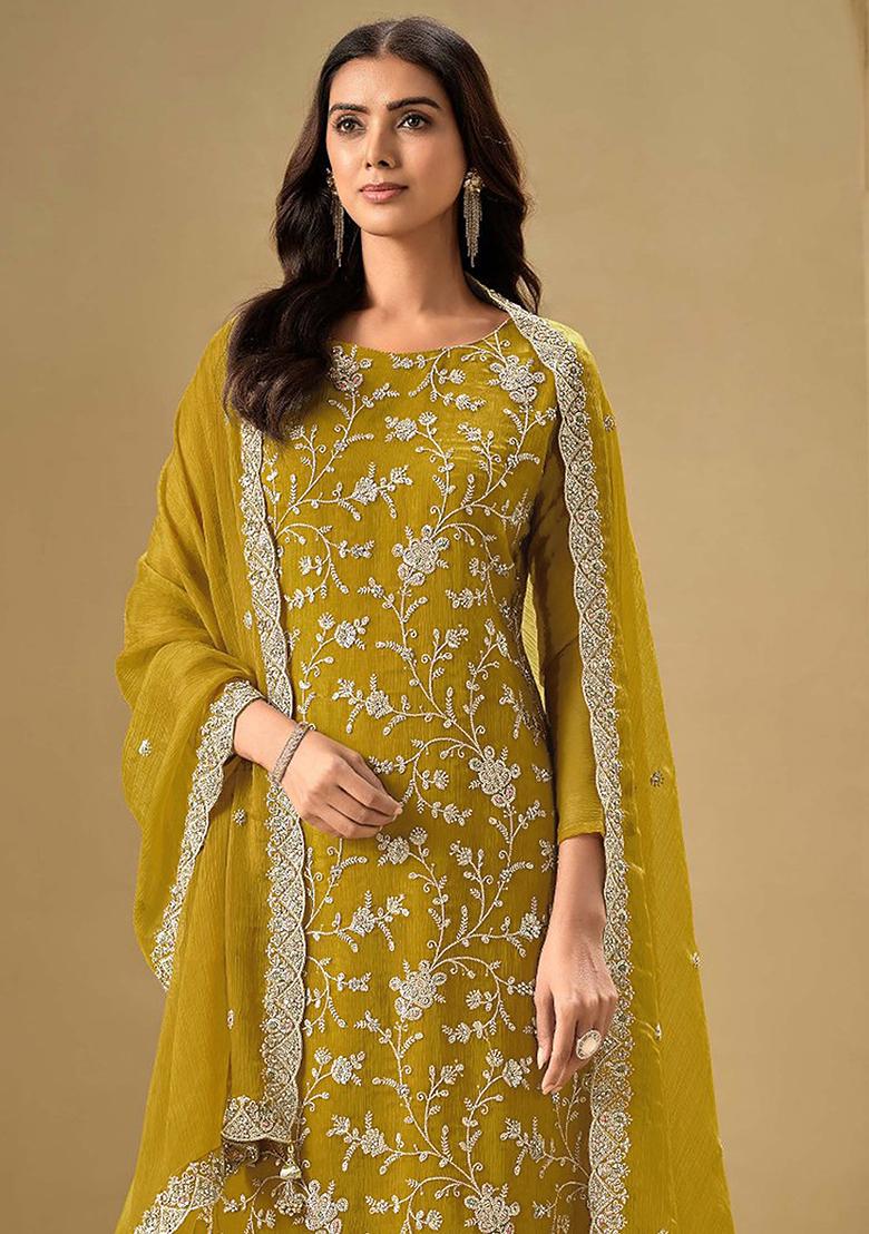 Mustard Embroidered Silk Salwar Kameez With Dupatta - Indya
