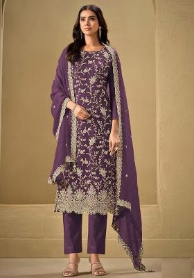 Purple Embroidered Silk Salwar Kameez With Dupatta