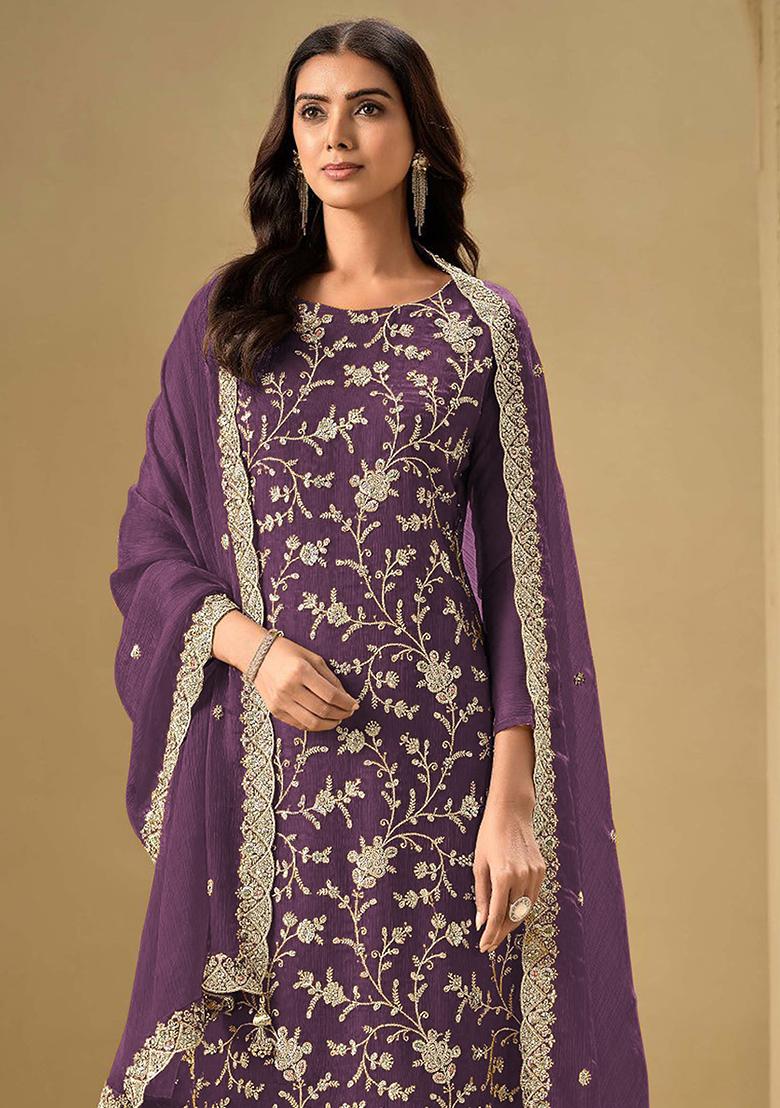 Purple Embroidered Silk Salwar Kameez With Dupatta - Indya