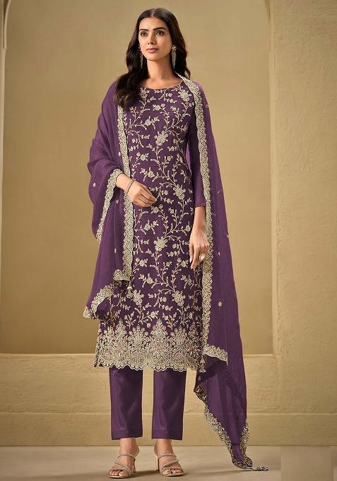 Purple Embroidered Silk Salwar Kameez With Dupatta