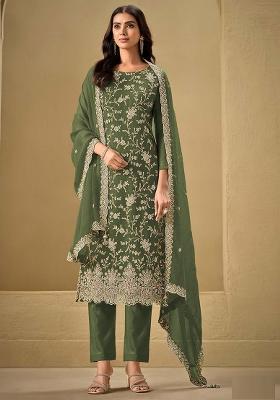Mehendi Embroidered Silk Salwar Kameez With Dupatta
