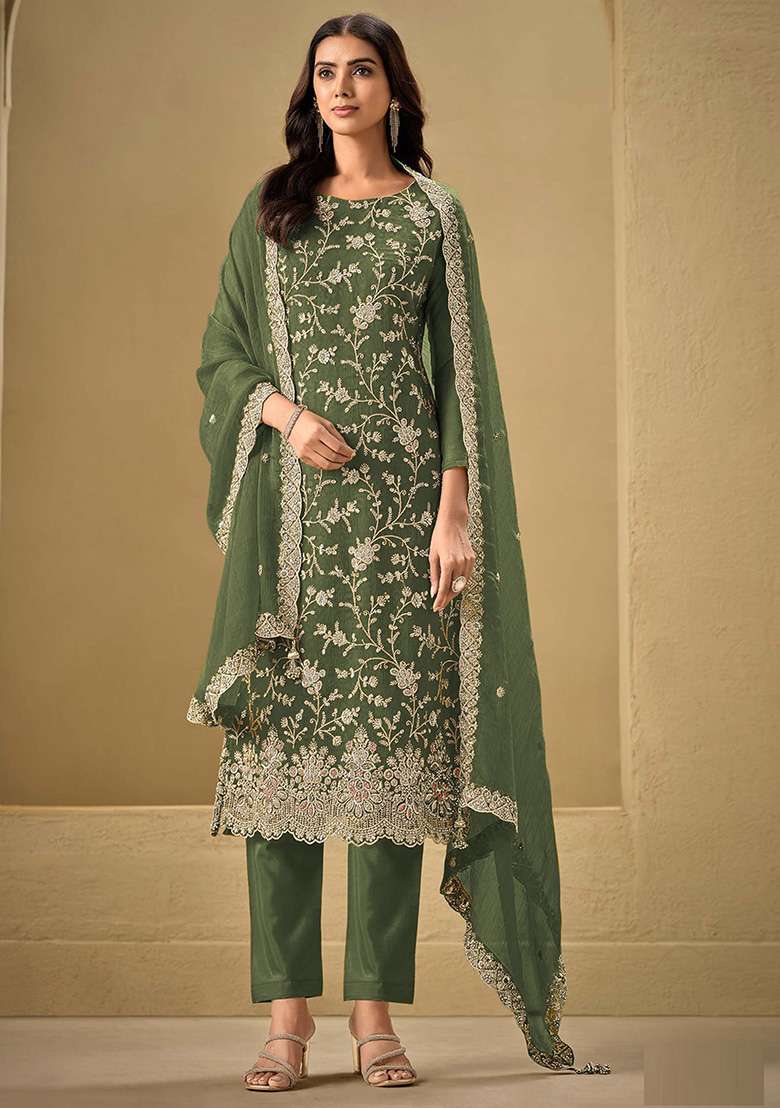 Mehendi Embroidered Silk Blend Pakistani Suit Set - Indya