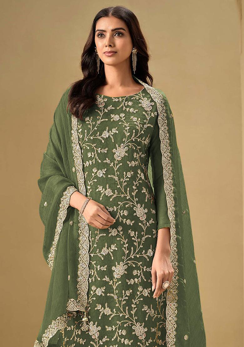 Mehendi Embroidered Silk Salwar Kameez With Dupatta - Indya