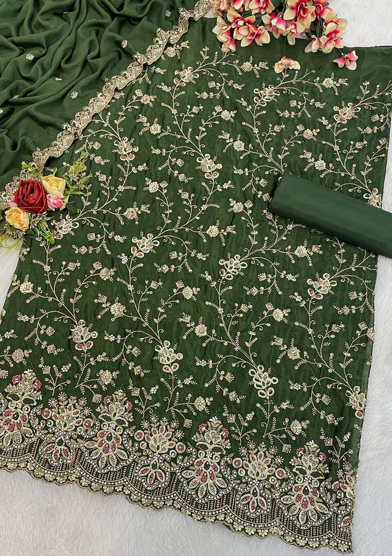 Mehendi Embroidered Silk Blend Pakistani Suit Set - Indya