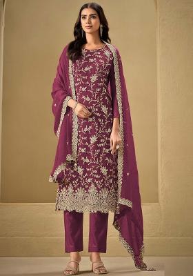 Maroon Embroidered Silk Salwar Kameez With Dupatta