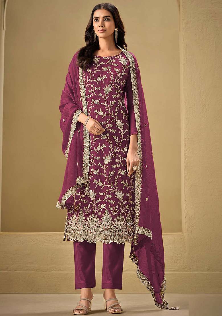 Maroon Embroidered Silk Blend Pakistani Suit Set - Indya
