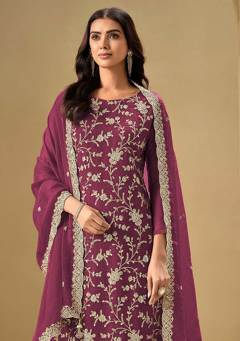 Maroon Embroidered Silk Salwar Kameez With Dupatta - Indya