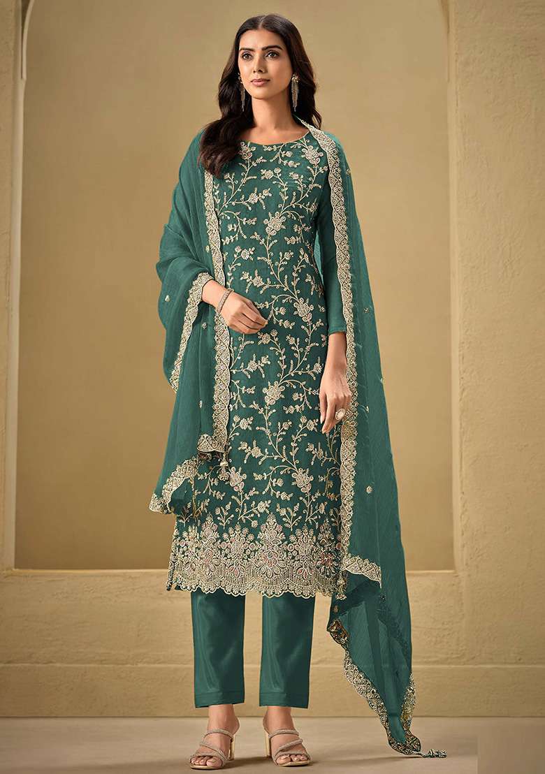 Teal Embroidered Silk Blend Pakistani Suit Set - Indya