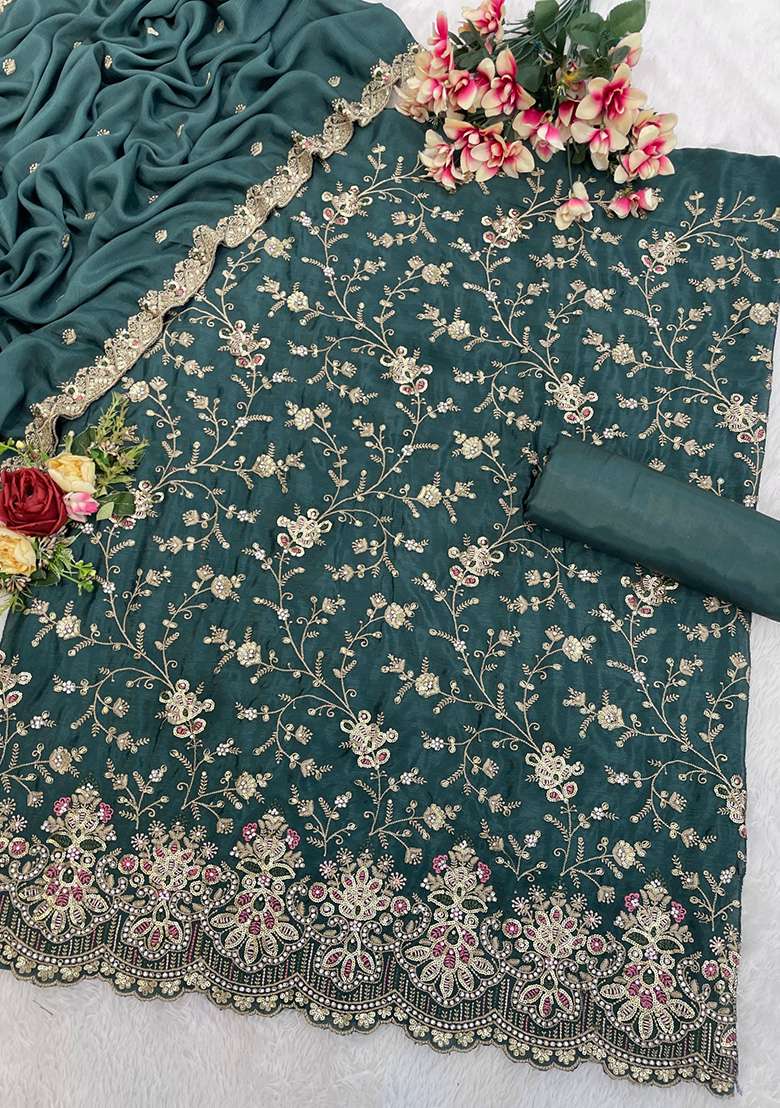 Teal Embroidered Silk Blend Pakistani Suit Set - Indya