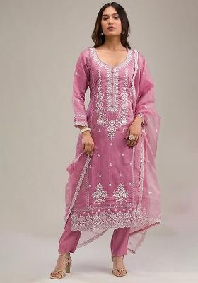 Pink Embroidered Cotton Salwar Kameez With Dupatta