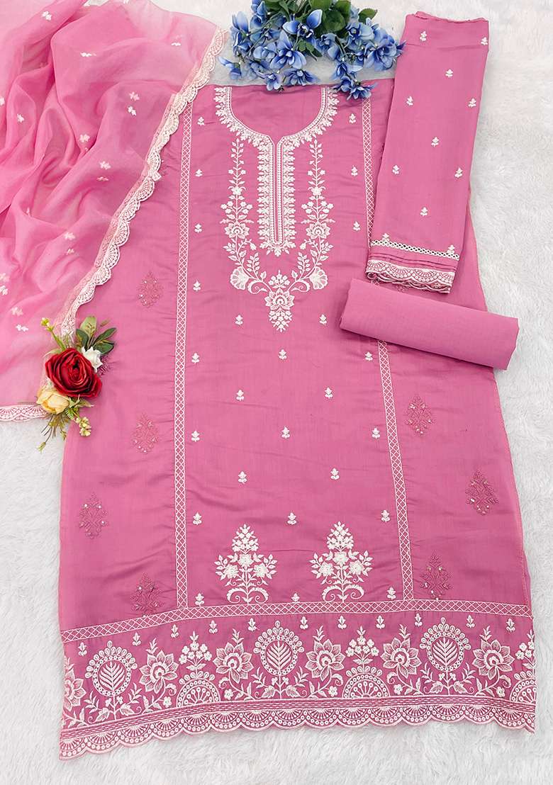 Pink Chikankari Cotton Pakistani Suit Set - Indya