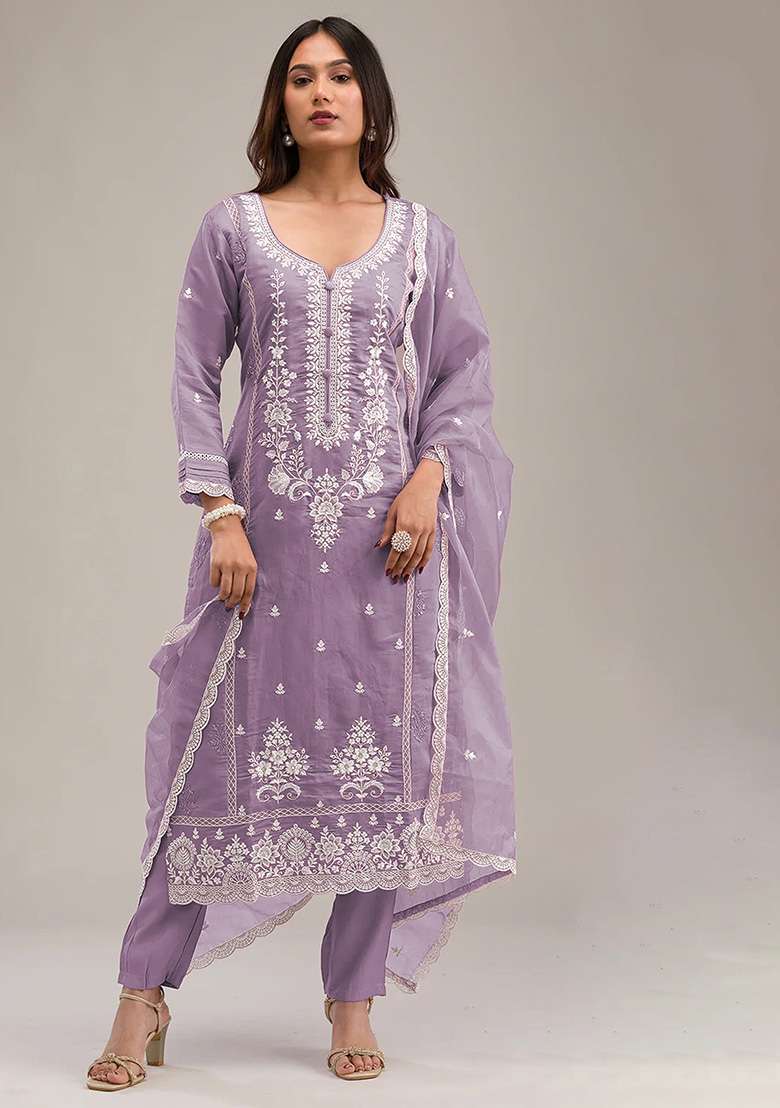 Lavender Chikankari Cotton Straight Kurta Set - Indya