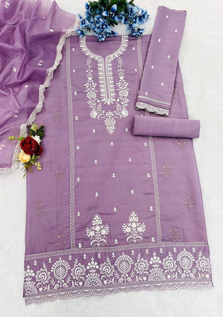 Lavender Chikankari Cotton Straight Kurta Set - Indya