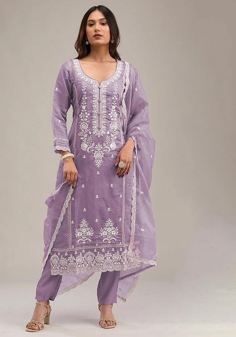 Lavender Chikankari Cotton Straight Kurta Set