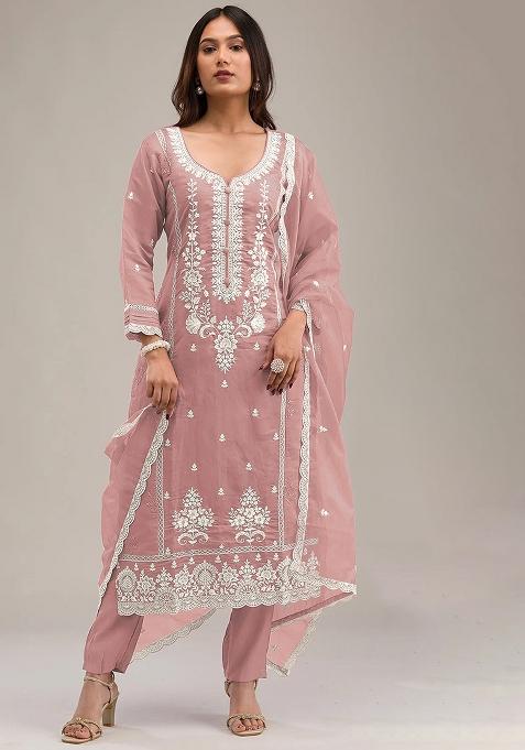Peach Embroidered Cotton Salwar Kameez With Dupatta