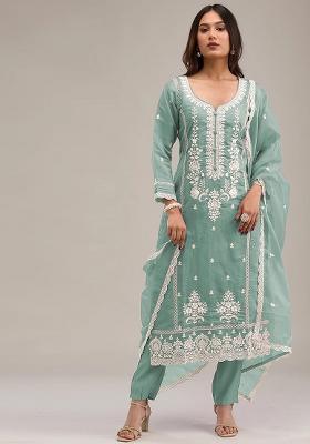 Light Green Embroidered Cotton Salwar Kameez With Dupatta