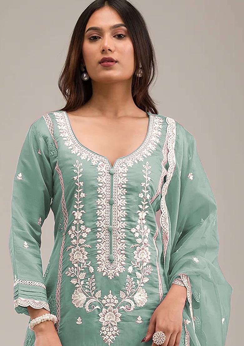 Light Green Embroidered Cotton Salwar Kameez With Dupatta - Indya