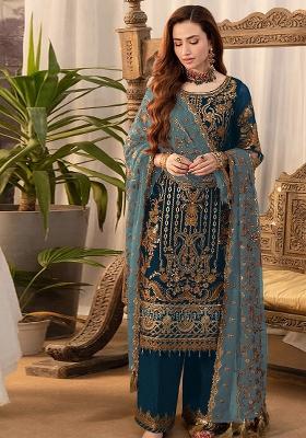 Navy Blue Embroidered Silk Salwar Kameez With Dupatta