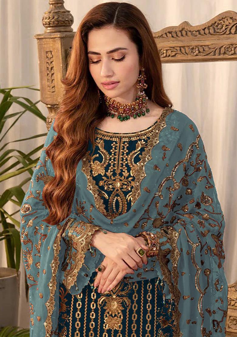 Navy Blue Embroidered Silk Salwar Kameez With Dupatta - Indya