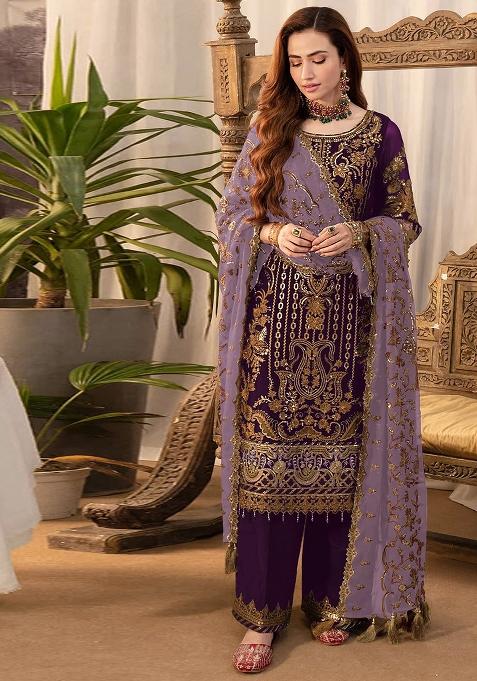 Wine Embroidered Silk Salwar Kameez With Dupatta
