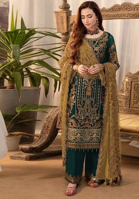 Green Embroidered Silk Salwar Kameez With Dupatta