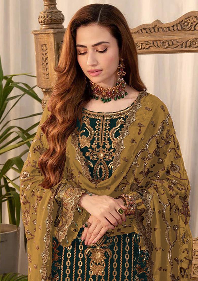 Green Embroidered Silk Salwar Kameez With Dupatta - Indya