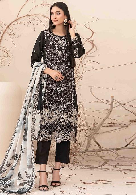 Black Embroidered Cotton Salwar Kameez With Dupatta